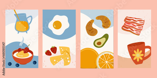 A colorful collection of breakfast foods including fruit juice eggs cheese bacon and coffee