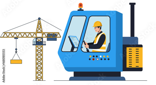 Construction Crane Operator in Blue Cab Vector Illustration.