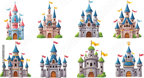 Colorful fairytale castles, fantasy kingdom buildings, magical castle towers, medieval architecture design, cartoon style castles illustration for children and stories