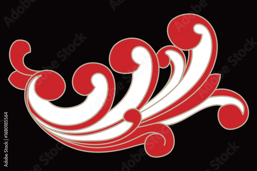 A flowing red and cream ornate scroll design elegantly curves, ideal for decoration.