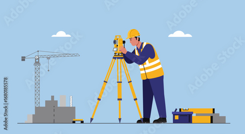Construction Worker Using Surveying Equipment on Site.