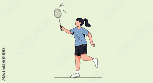 Young athletic woman playing badminton on a light green background, hitting a shuttlecock with a racket, depicted in a minimalist, clean illustration style, highlighting fitness and sport