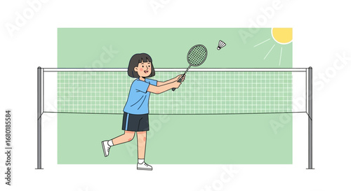 A young athletic girl enthusiastically plays badminton in the sunshine, swinging her racket with determination on a court marked by a net, enjoying a lively outdoor sports activity