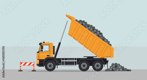 Yellow Dump Truck Unloading Gravel Illustration.