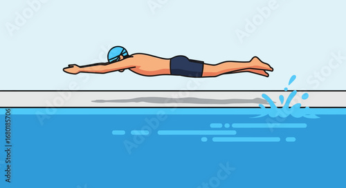 A swimmer in a streamlined position glides through blue water at the edge of a swimming pool, demonstrating the sport of swimming and aquatic activity
