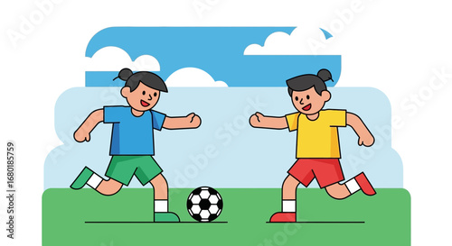 Two cartoon boys playing soccer on a green field with a soccer ball under a blue sky with white clouds, outdoor leisure activity