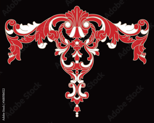 Symmetrical red and beige ornate design with intricate classic scroll pattern flowing