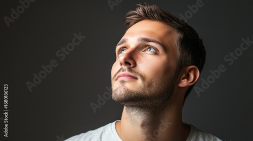 Handsome man with beard looking up thoughtfully against a dark background in a studio setting for inspiration