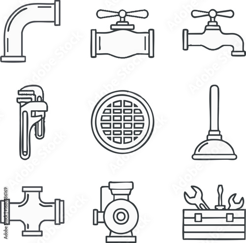 A comprehensive set of modern line art icons illustrating various essential plumbing tools, fittings, and fixtures for home repair and professional service.