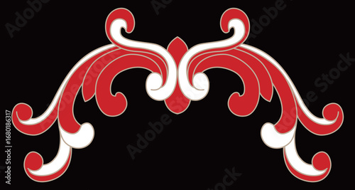 Ornate red and cream symmetrical decorative scrollwork design displays elegant flowing curves.