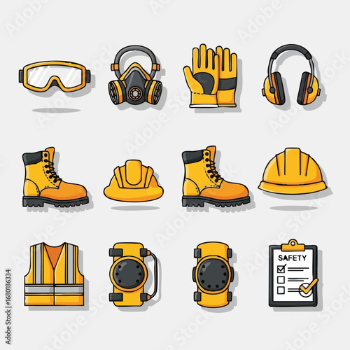 A comprehensive collection of essential personal protective equipment items for workplace safety, including helmets, boots, and gloves, presented in a clear vector illustration.