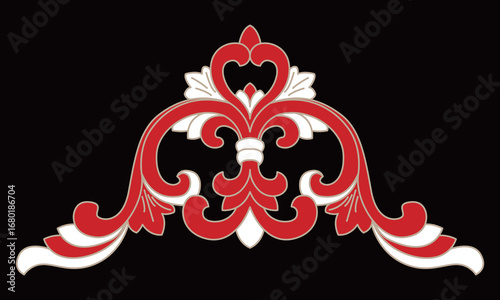 An elegant red and gold ornate scroll design creates a classic decorative pattern.