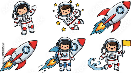 Cute cartoon astronauts in space with rockets, colorful spaceships, cosmic exploration, adorable kids in spacesuits, galaxy adventure, outer space travel illustration