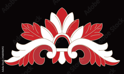 An elegant decorative floral scroll design features symmetrical red and cream leaves.