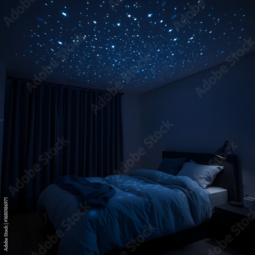A bed in a room showing a home planetarium projector casting stars onto the ceiling of a dark bedroom