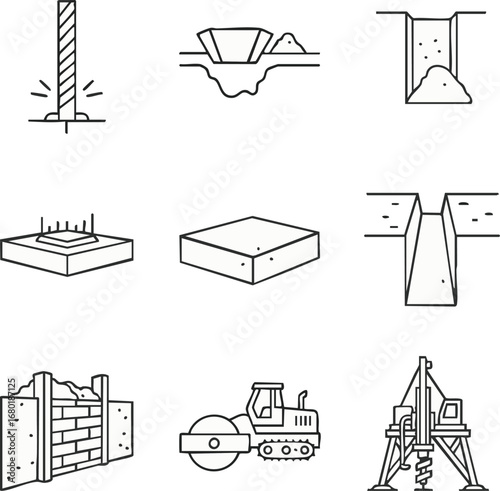 This comprehensive icon set visually represents key construction processes, including foundation preparation, trenching, excavation, and heavy machinery operations.
