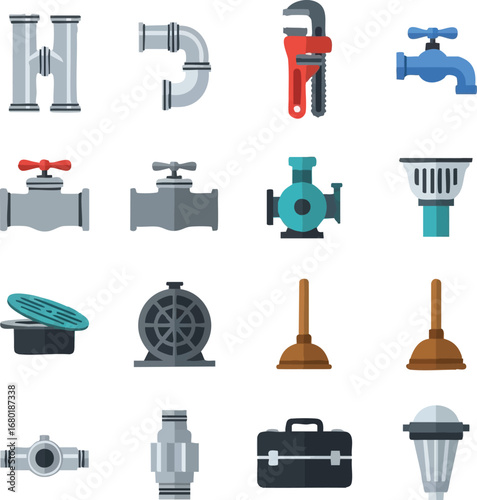 This diverse collection of essential plumbing tools, pipes, and fixtures is presented as flat design icons for home repair and construction needs.