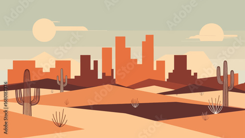 Vibrant southwestern desert cityscape with saguaros and warm sunsets vector illustration