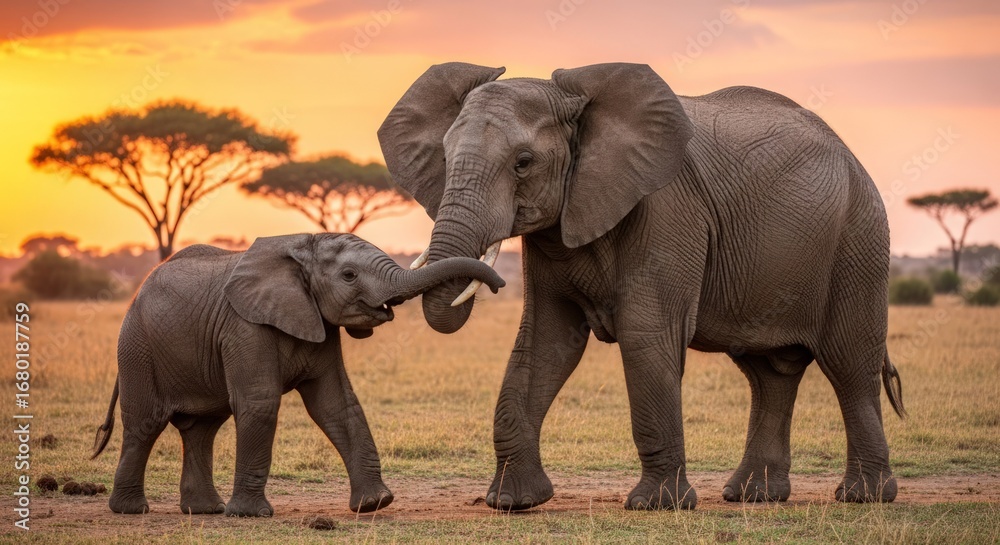 Fototapeta premium African Elephant Mother and Baby at Sunset in Serengeti National Park