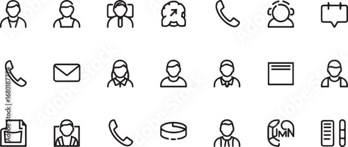 Collection of Outline Style Icons for Business and Communication purposes representing common interactions and tools used in professional environments
