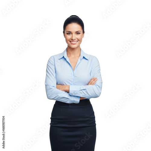 Smiling businesswoman with arms crossed isolated on transparent background