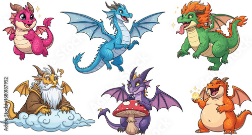 Cute cartoon fantasy dragons collection, colorful baby dragon characters, magical flying dragon illustration, mythical creature artwork, fairy tale animals