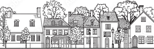 Detailed Black and White Illustration of a Row of Houses with Trees and Chimneys along a Street