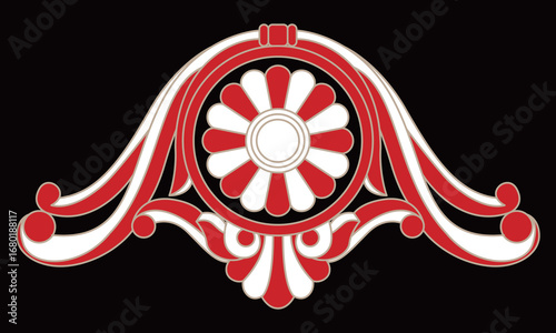 An elegant red and cream decorative floral scrollwork design element is isolated.