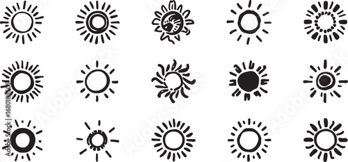 Diverse Collection of Hand Drawn Sun Icons Representing Creativity and Positivity in Black and White Simple Designs