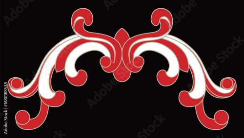 This elegant red and cream ornate scroll design features a classic symmetrical flourish.