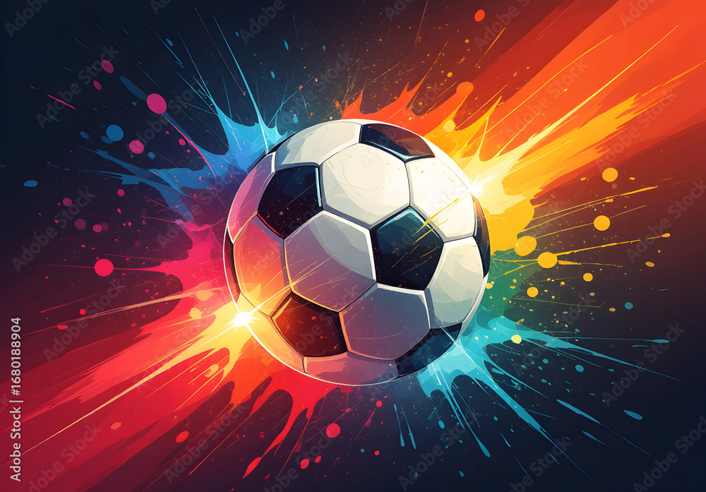 Naklejka premium Energetic soccer ball with colorful paint splash explosion and dramatic lighting on dark background football