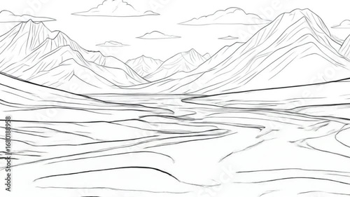 A captivating, black-and-white illustration of a majestic mountain valley with winding rivers.