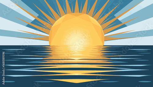 Radiant sun setting over calm ocean water with reflected golden light