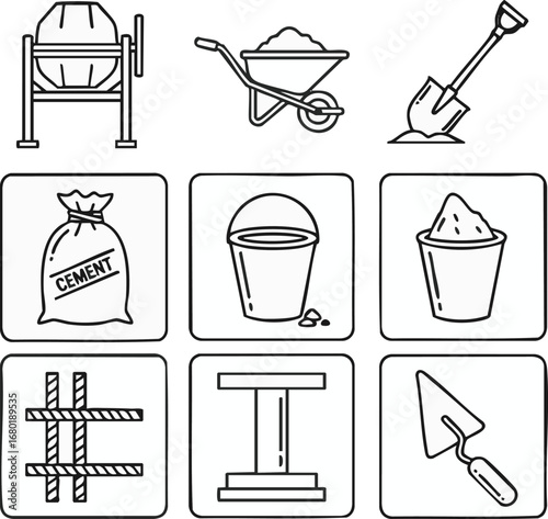A collection of nine black and white line icons representing various construction tools and building materials, perfect for architectural and industrial design projects.