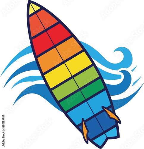 Colorful Rainbow Surfboard on Ocean Waves