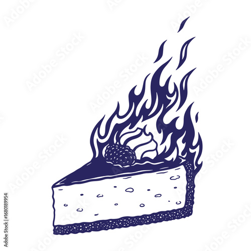 Delicious cheesecake slice on fire with whipped cream and a raspberry illustration