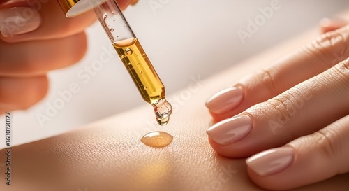 Close-up of a hand applying oil with a dropper to the skin, promoting skin care and wellness