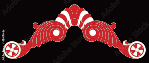 Symmetrical red and white ornamental scroll design forms an elegant decorative arch.