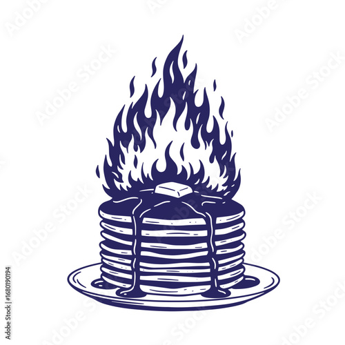 Delicious stack of pancakes on fire illustration for breakfast restaurant menu concept