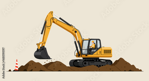 Yellow Excavator Digging Earth with Operator Present.
