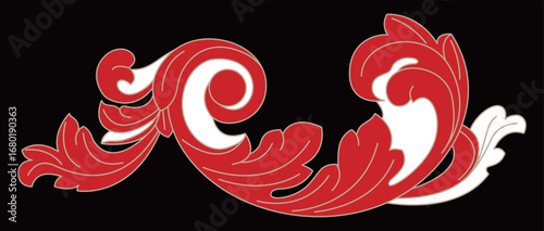 A beautiful ornate red and white scroll design curls gracefully in a classic pattern.