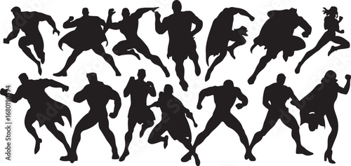 Dynamic Superhero Silhouettes Collection Action Poses and Dramatic Capes Illustration Heroic Figures in Motion