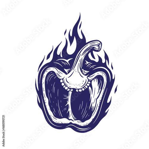 Wallpaper Mural Detailed dark blue and white illustration of a spicy bell pepper on fire design Torontodigital.ca