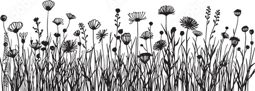Elegant Black and White Floral Field Silhouette A Serene Botanical Illustration for Design and Decor