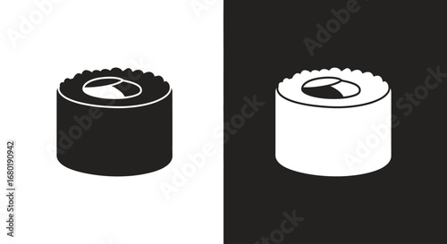 A classic sushi roll in a black and white split icon, a simple and modern symbol for Japanese restaurants and cuisine.