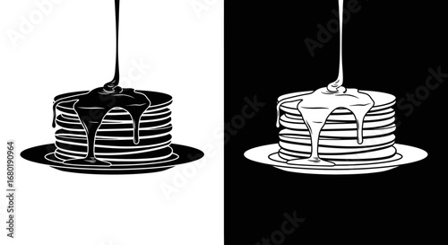 A delicious stack of pancakes with syrup, a black and white split icon perfect for a breakfast or brunch menu design.