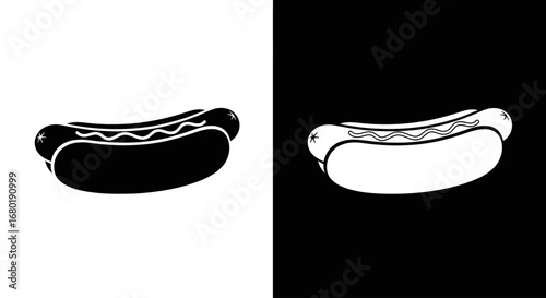 A classic hot dog in a bun, a black and white split-screen icon representing American fast food and summer barbecues.