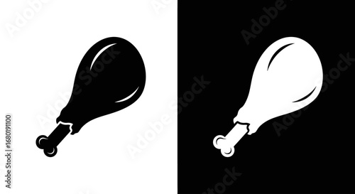 A fried chicken leg or drumstick, a black and white split icon representing fast food, a tasty meal, and poultry.
