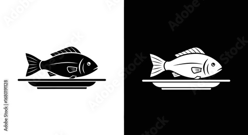A whole cooked fish on a plate, a black and white split icon symbolizing seafood, a healthy meal, and a restaurant dish.