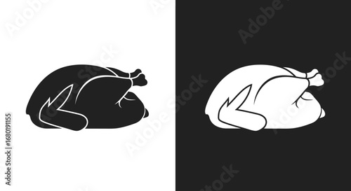A whole roasted chicken or turkey, a black and white split icon representing a festive dinner, poultry, and a family meal.
